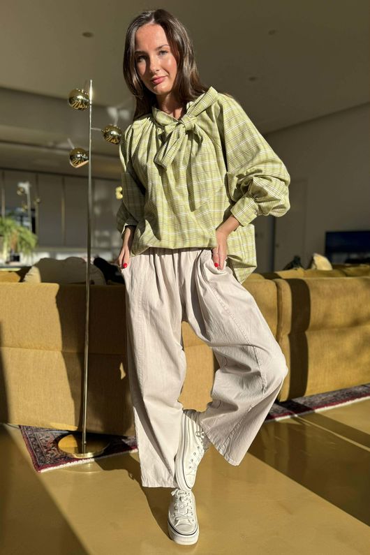 Ophelia Plaid Tie Neck Blouse Soft Lime